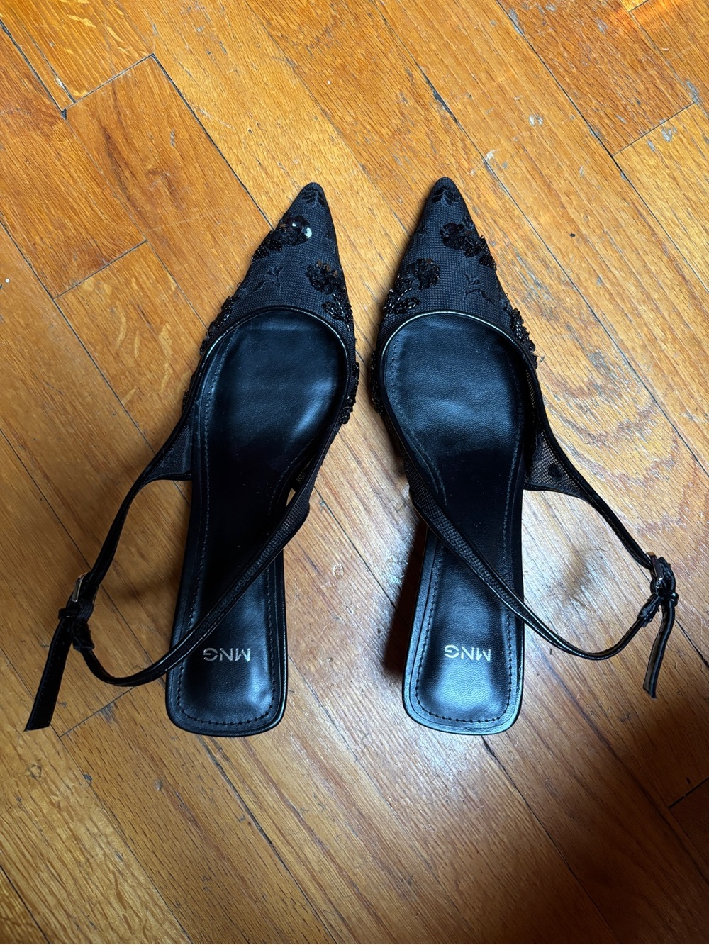 Mango Black Pointed Toe Slingback Mules with Beaded Floral Detail